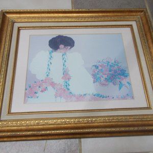 Gorgeous vintage oriental lady print in ornate gold wood frame